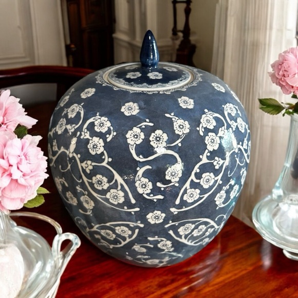 Vintage 10” Grandmillennial Cherry Blossom Ginger Jar | Blue & White Ceramic Jar - Picture 2 of 9